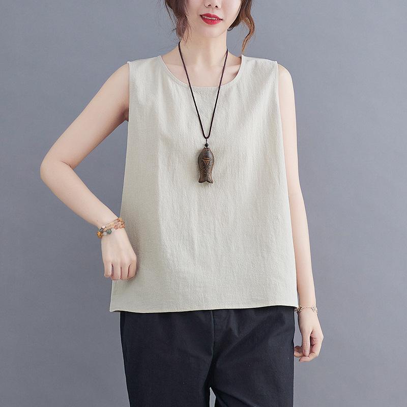 Women's Round Neck Sleeveless Camisole Loose Fit Casual Tank Top Solid Color Polyester Wide Strap Plus Size Summer Inner Outer Wear