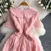 Elegant Pearl Chain Diamon Luxury Embroidery Lace Prom Evening Dresses Women Summer Short Sleeve Hollow Out Midi Long Dress