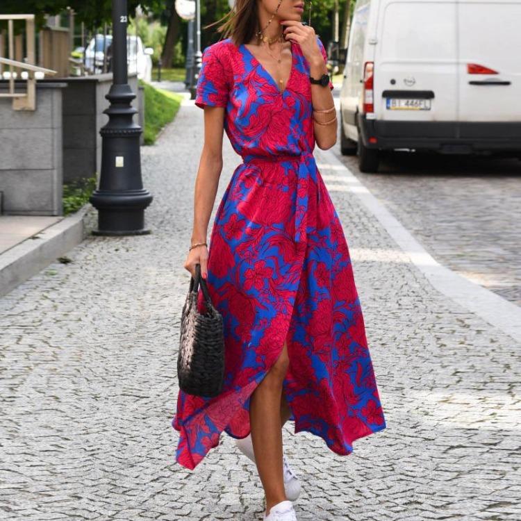 Women Sexy Elegant Casual Summer Beach Dress Floral Print Long Short Sleeve V Neck Split Lace Up Dress Vestidos