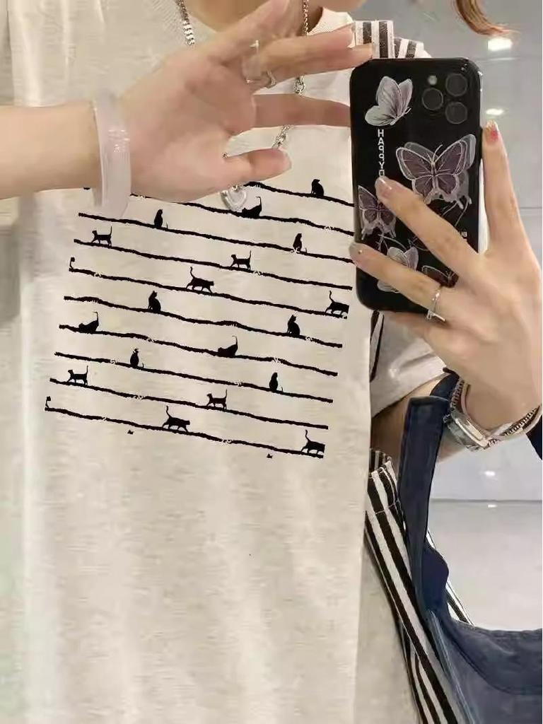 Women's Heavyweight Cotton Printed Short-Sleeve T-Shirt - 2025 Summer Collection, American Straight Shoulder, Loose Fit