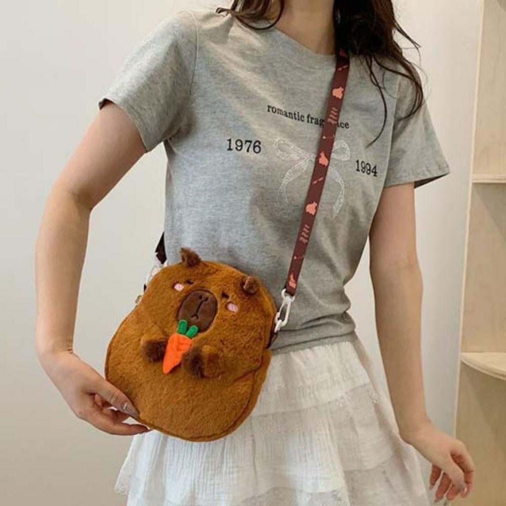 Zipper Capybara Plush Shoulder Bag Animal Cartoon Cartoon Capybara Handbag  Unisex