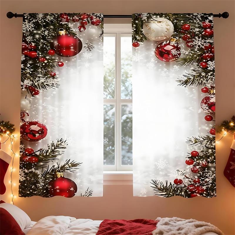Christmas Ball Holiday Printed Curtains, 2 Pieces 2D Flat Printed Red Luxury Xmas Print Curtains with Snowflakes for Holiday Party Decor