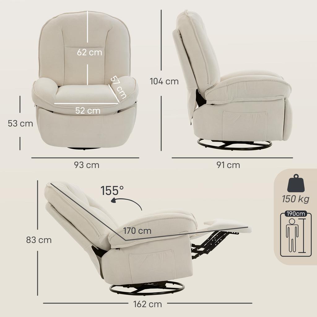 Chenille Reclining Armchair, 360 Degree Swivel, Side Pockets, Cream
