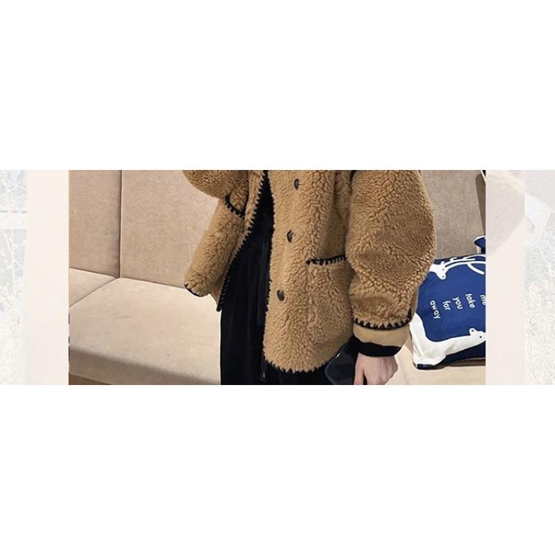 Herbst und Winter Einfarbig Knopf Tasche Strickjacke Rundhals Lamm Plüsch Jacke Damen Oberteil