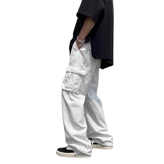 Calças de carga masculina estilo hip hop multi bolsos perna larga solta cor sólida meados cintura perna reta macio respirável streetwear calças compridas