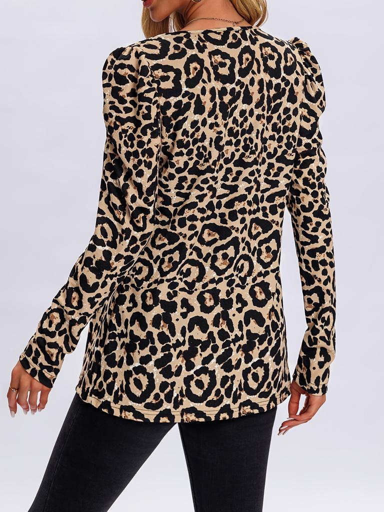 2025 New Cross-Border Long Sleeve Leopard Print Cardigan Mid-Length Open Front Pure Color Polo Collar Princess Sleeve Shirt