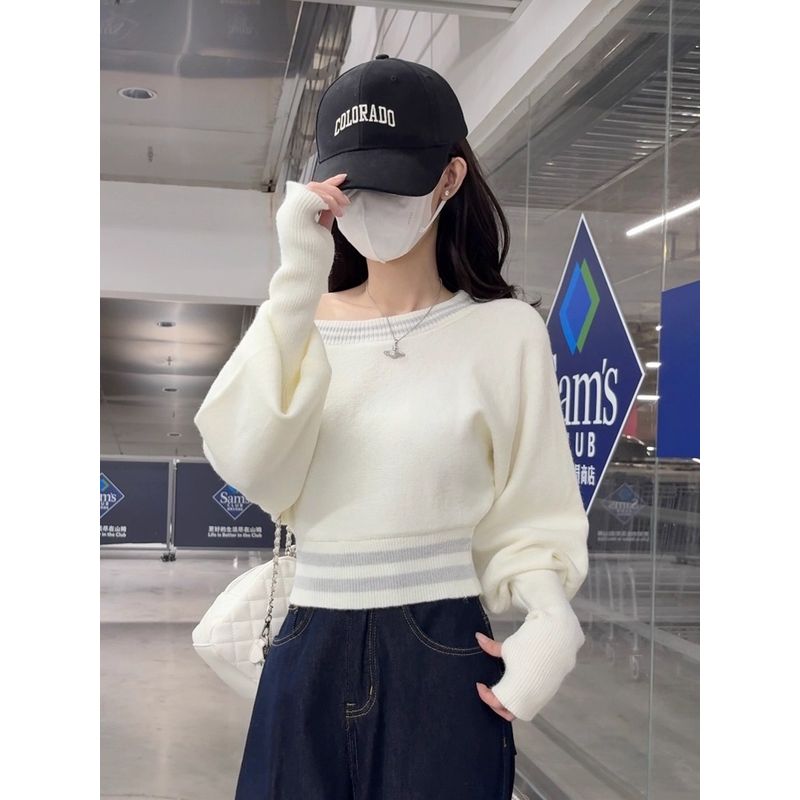 Kumikumi Pure Desire Wind Oblique Shoulder Loose Temperament Easiest for Match Long Sleeves Sweater Female Autumn Slimming Chic Anti-Aging Top