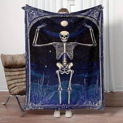 Mystical Skeleton Under Moonlight CosmicArt Flannel Blanket Gothic Space Design Soft Fleece Throw For HalloweenAnd AstrologyFans