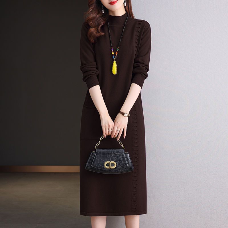 Knitted Dress Knee-length Women's Mid-length Loose Dress Plus-size Sweater Dress Solid-color Casual Half Turtleneck Pullover
