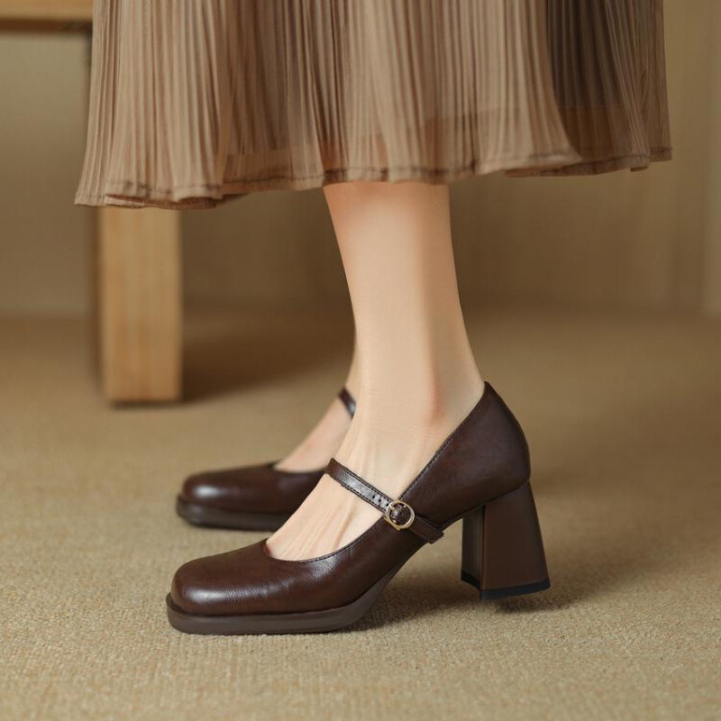 New women's round head single shoes casual solid color platform high heel large size shoes thick heel buckle four seasons wear small leather shoes 