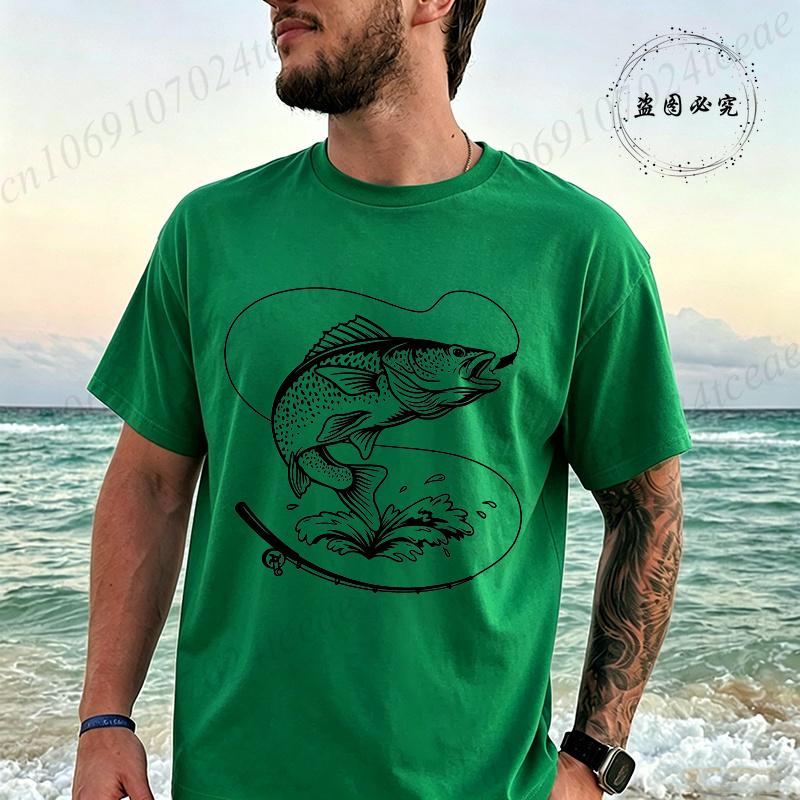 Retro Fish Fishing Print T-shirt Men Summer Breathable Tee T-Shirts Beach Vacation Casual Shirts Fisherman Gift Oversized Tops