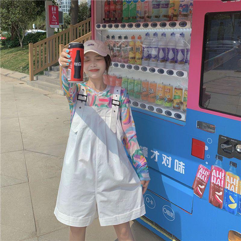 Korean Style Two-Piece Set: Loose Mesh Sun Protection Top + Fashionable Slimming Bib Shorts for Female Students.