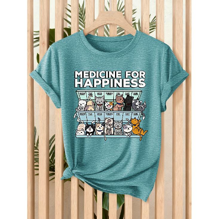 Women's Summer Tops | “Happiness Pill” Cat Calendar with Fun Cartoon Prints for Women T Shirt | Fun cartoon-style loose-fitting round-neck