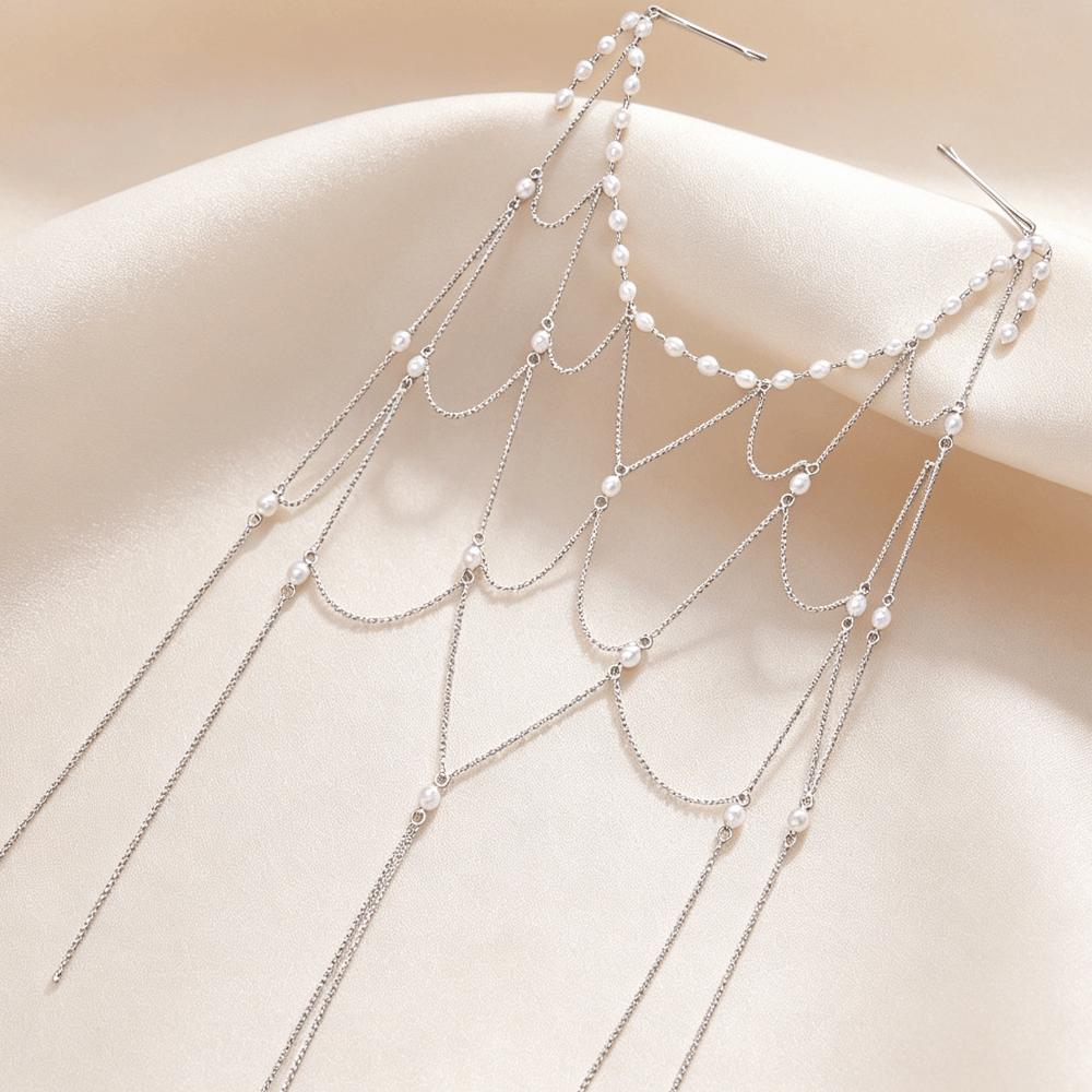 Zircon Bridal Head Chain Hollow Headpiece Tassel Hair Chain Pearl Headpiece Festival
