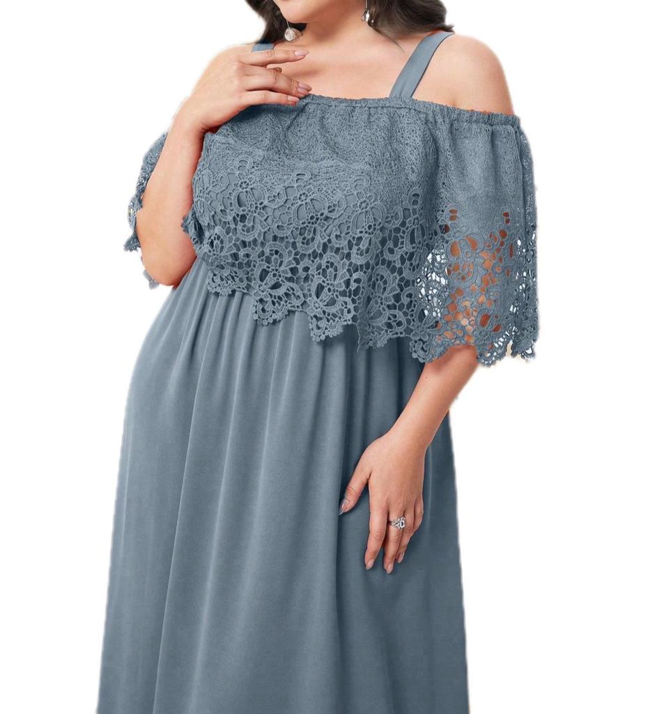 Elegant Off-Shoulder Plus Size Lace Trim Dress