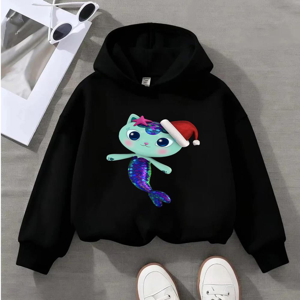 Niedlicher Meerjungfrauen-Katzen-Weihnachts-Hoodie für Kinder Buntes Schuppendesign Festlicher Weihnachtsmannhut-Druck