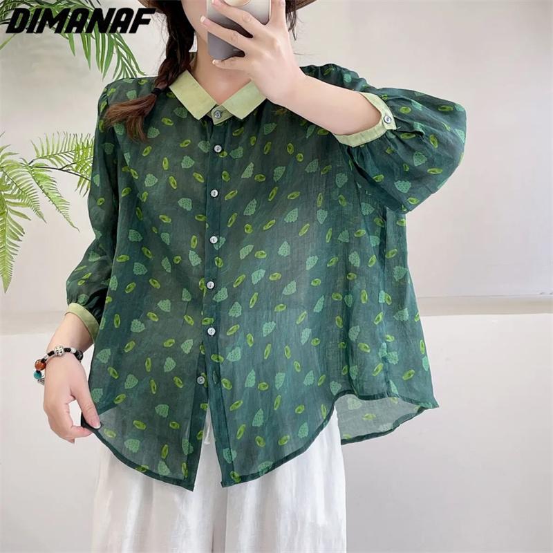 

DIMANAF 2023 Plus Size Новая Летняя Блузка Льняная Повседневная Рубашка Женская Свободная Рубашка Принт Футболки Летучая мышь