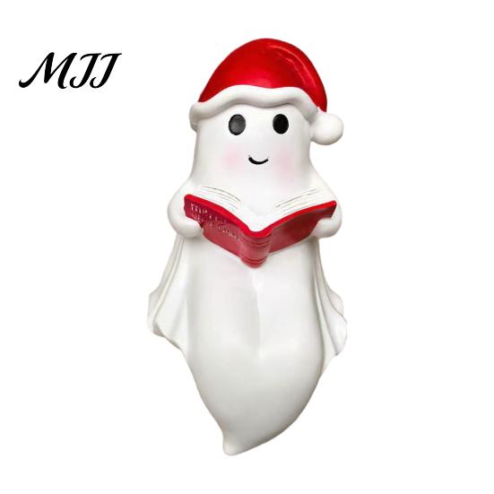 Creative Holiday Gift Ideas Cute Ghost Reading Book Lamp, Christmas Resin Figurine with Santa Hat, Desktop Ornament for Warm Lighted Halloween