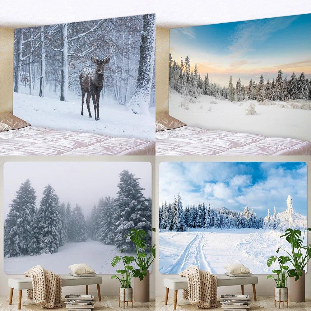 

Christmas Forest Snow Scene Home Decor Tapestry Psychedelic Scene Bohemia Wall Hanging Bedroom Wall Decor Backdrop Cloth