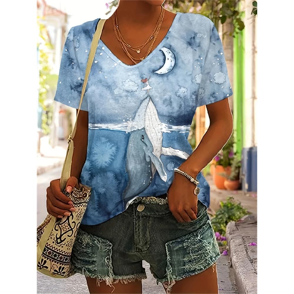 Women's Ocean Creatures 3D Print V-Neck T-Shirt Summer Fashion Loose Print Tee ToSpring Summer Streetwear Daily Women's Clothing