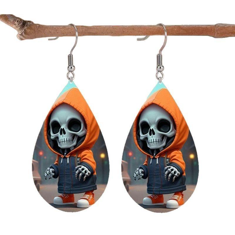 Hooded Halloween Themed Jacket Skull Pattern Droplet Shaped Acrylic Earrings