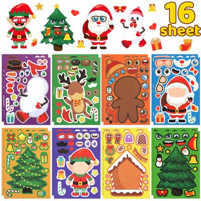 8/16 Blatt Weihnachts-Puzzle-Sticker Weihnachtsmann Schneemann Weihnachtsbaum Gesicht machen Sticker Kinder Partygeschenke Spielzeug Geschenk Neujahrsdekoration