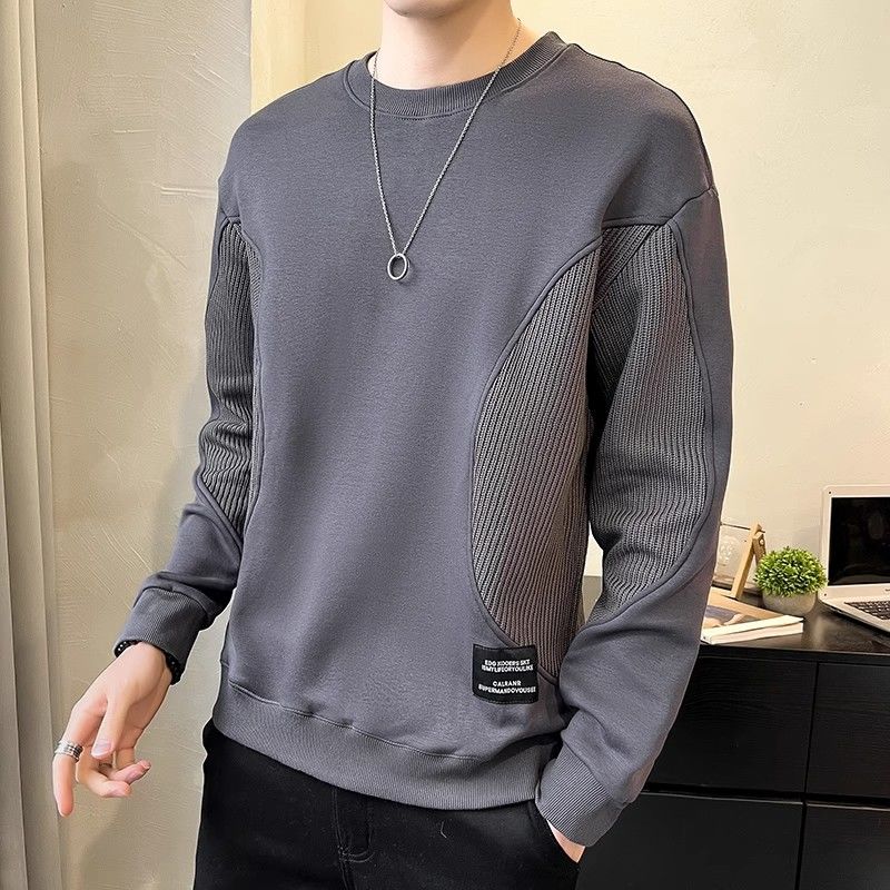 

Trendy Korean Spring Autumn Men s 2026 New Spliced Pullover O-Neck Screw Thread Solid Color Loose Casual Long Sleeve Sweatshirts XL серый