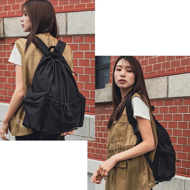 KiU Packable Drawstring Backpack Large Black (K365-900) - Waterproof, Water-repellent, Unisex, Compact, Capacity, Stylish, Casual, Outdoor, Travel,