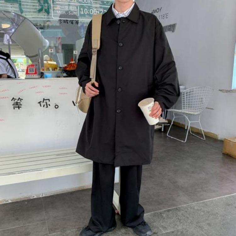 Men Double Breasted Windbreaker Coat Long Sleeve Lapel Solid Color Loose Fit Casual Mid Length Trench Coat with Pockets