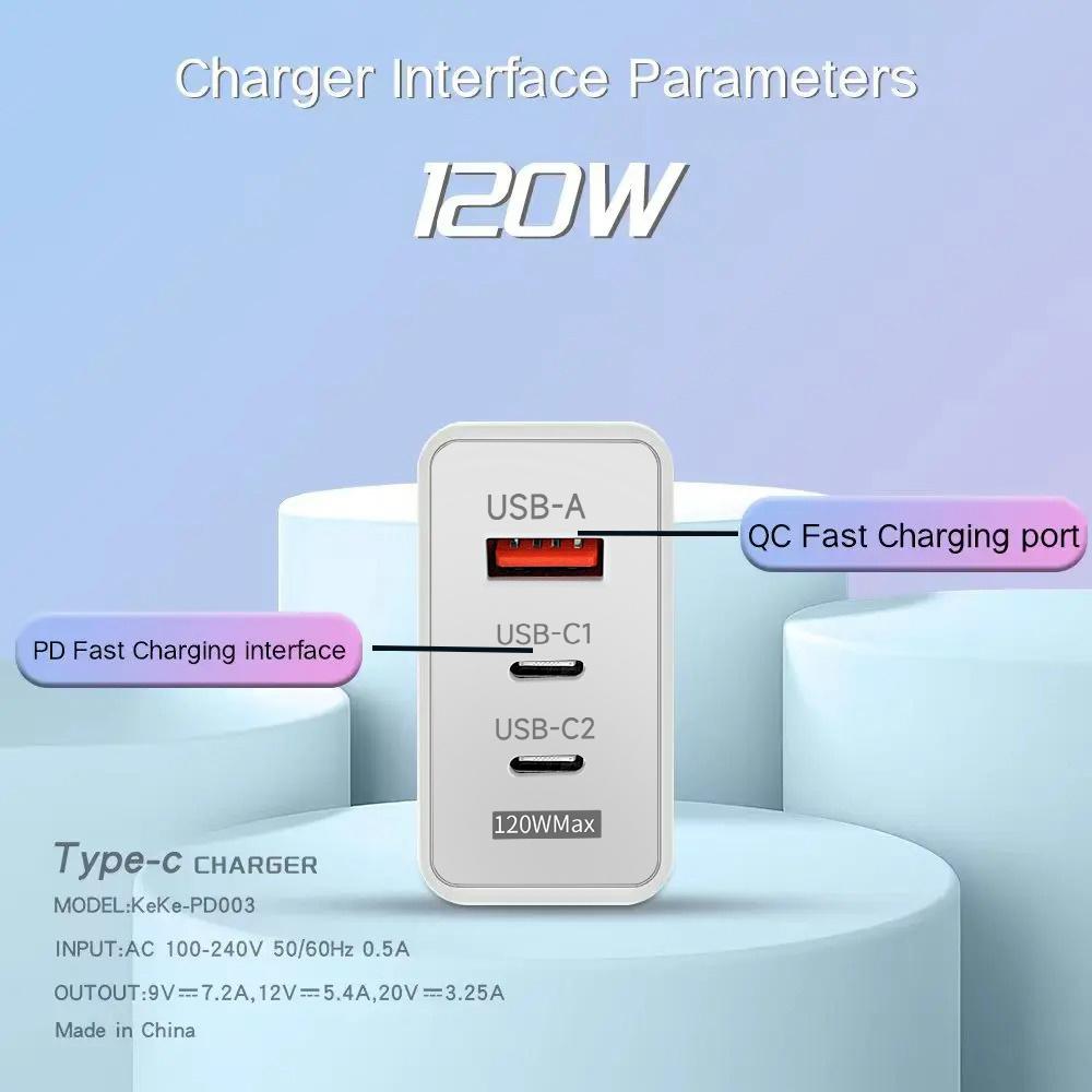 120W GaN USB Charger 3 Ports Fast Charging Phone Charger 6A Type C Cable For Mate 40 50 60 Honor EU/US Plug Wall Charger
