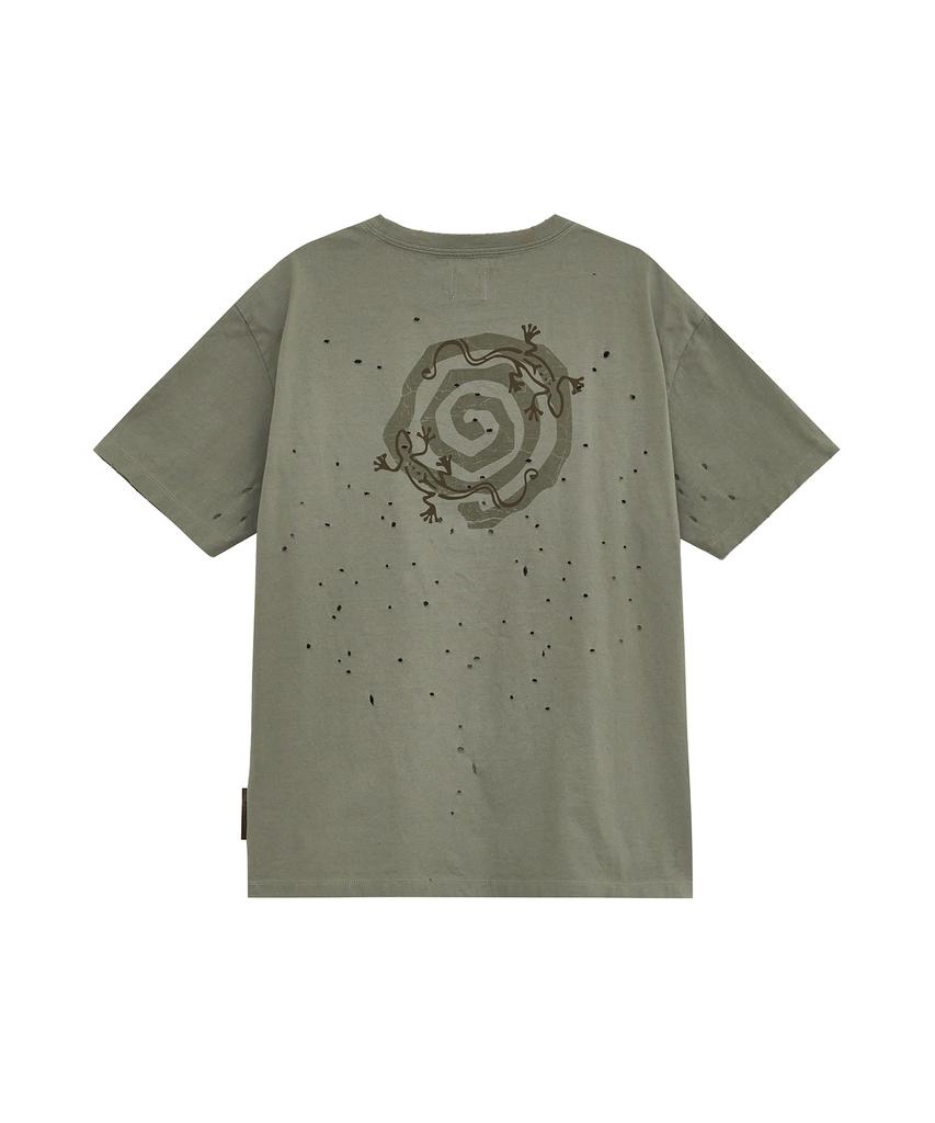 Depeugameoncheu Spiral Lizard Damaged T-Shirts [Khaki]