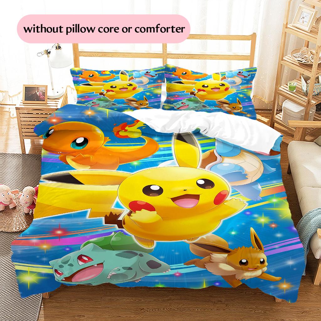 Pościel z Wzorem Pokémonów Dekoracja Domu Prezent Urodzinowy (1 * poszwa na kołdrę + 2 * poszewki na poduszki, bez rdzenia)