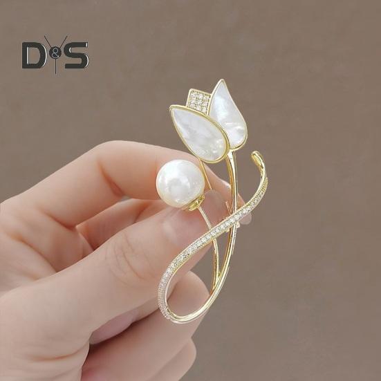 Women Brooch Faux Pearl Rhinestone Tulip Shape Stainless Anti-slip Wear-resistant Coat Collar Hat Scarf Decoration Clothes Pin Garment Jewelry