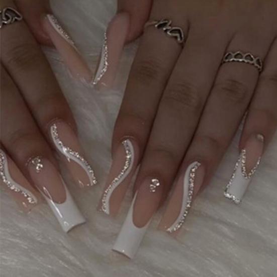 24Pcs Waterproof Gel Fake Nails Full Cover Long T Artificial French Tip Flat Head Press-On Nails Wearable False Nails DIY Nail Art Supplies