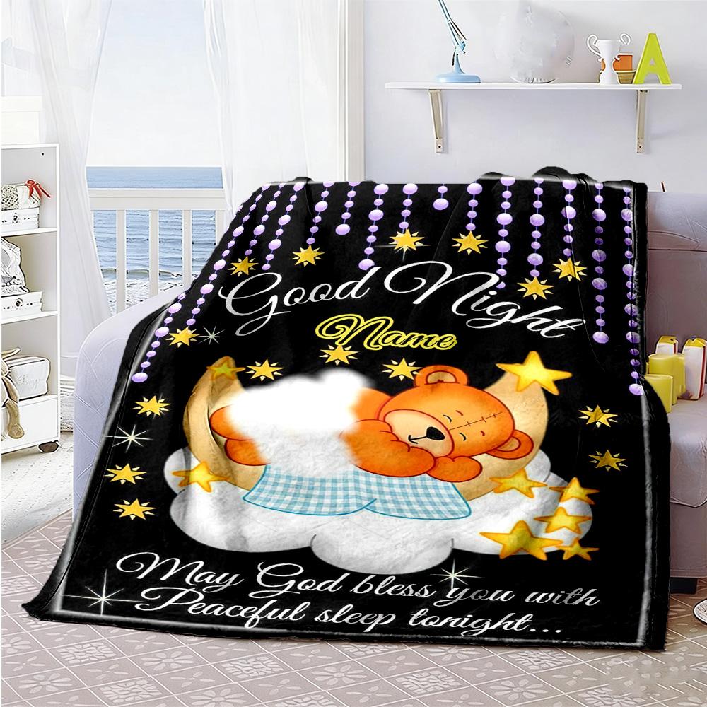 Goodnight Bear Personalized Text Blanket Lightweight Customizable Blanket Ultra-Soft Versatile for Bed Bedding Living Room Chair Four Seasons Universa