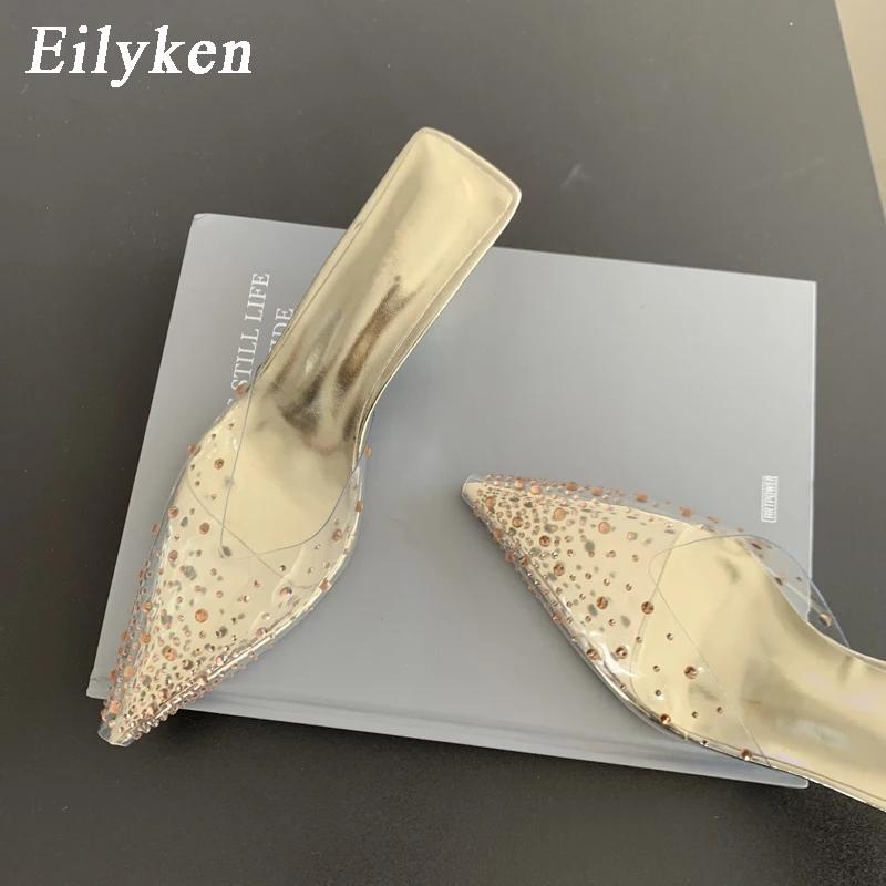 Fashion Eilyken Summer Gold Silver Women Slipper Fashion CRYSTAL Pointed Toe  Slip On Mules Thin High Heel Ladies Pumps Sandals