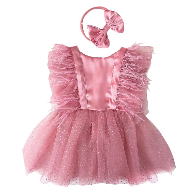 Handmade Tulle Baby Princess Dress with Matching Bowknot Headband Photo Props Newborns Girls Photography Accessories