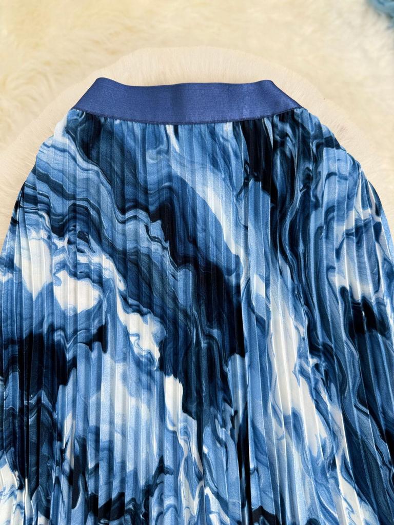 European & American Wave Pattern High-Waisted A-Line Pleated Midi Skirt