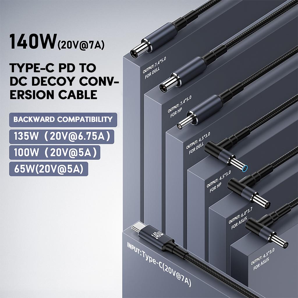 140W PD USB Type C Male to DC5.5x2.5mm/5.5x2.1mm/4.5x3.0mm/6.0x3.7mm/7.4x5.0mm Power Charging Cable for Laptop Notebook