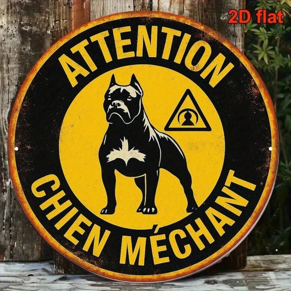 Vintage Beware Of Dog Retro French Caution Aluminum Round Wall Decor Porch Office Cafe