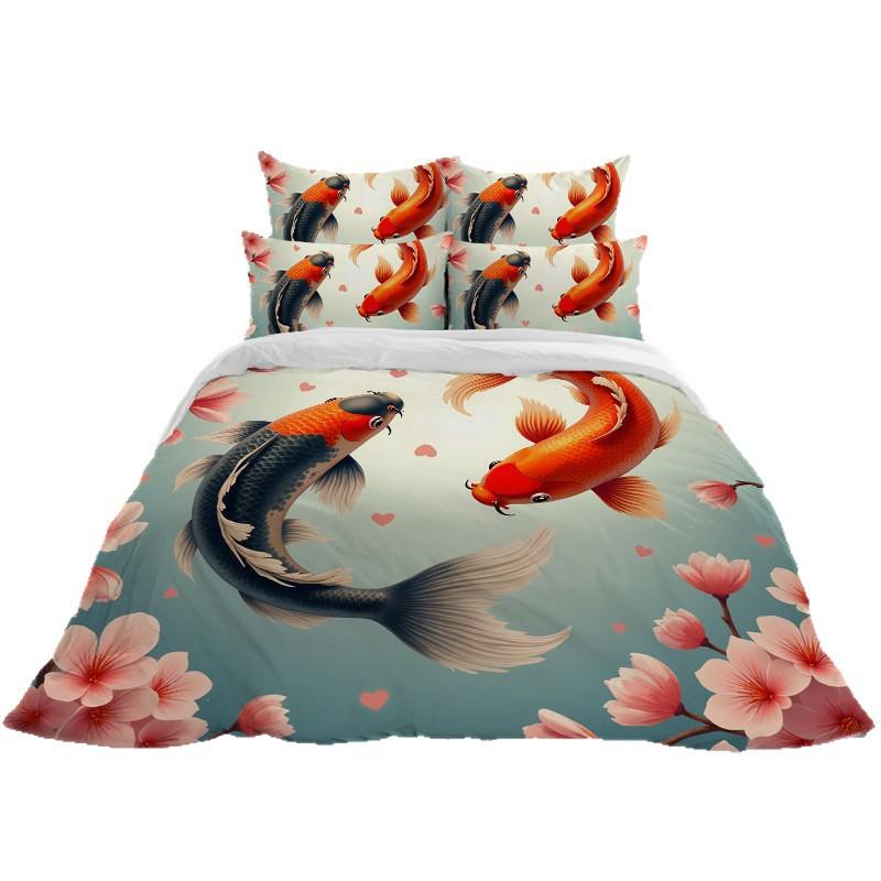 3D Digital Printing Bedding Two Or Three-Piece Set Koi Rich Flower Polyester Quilt Cover