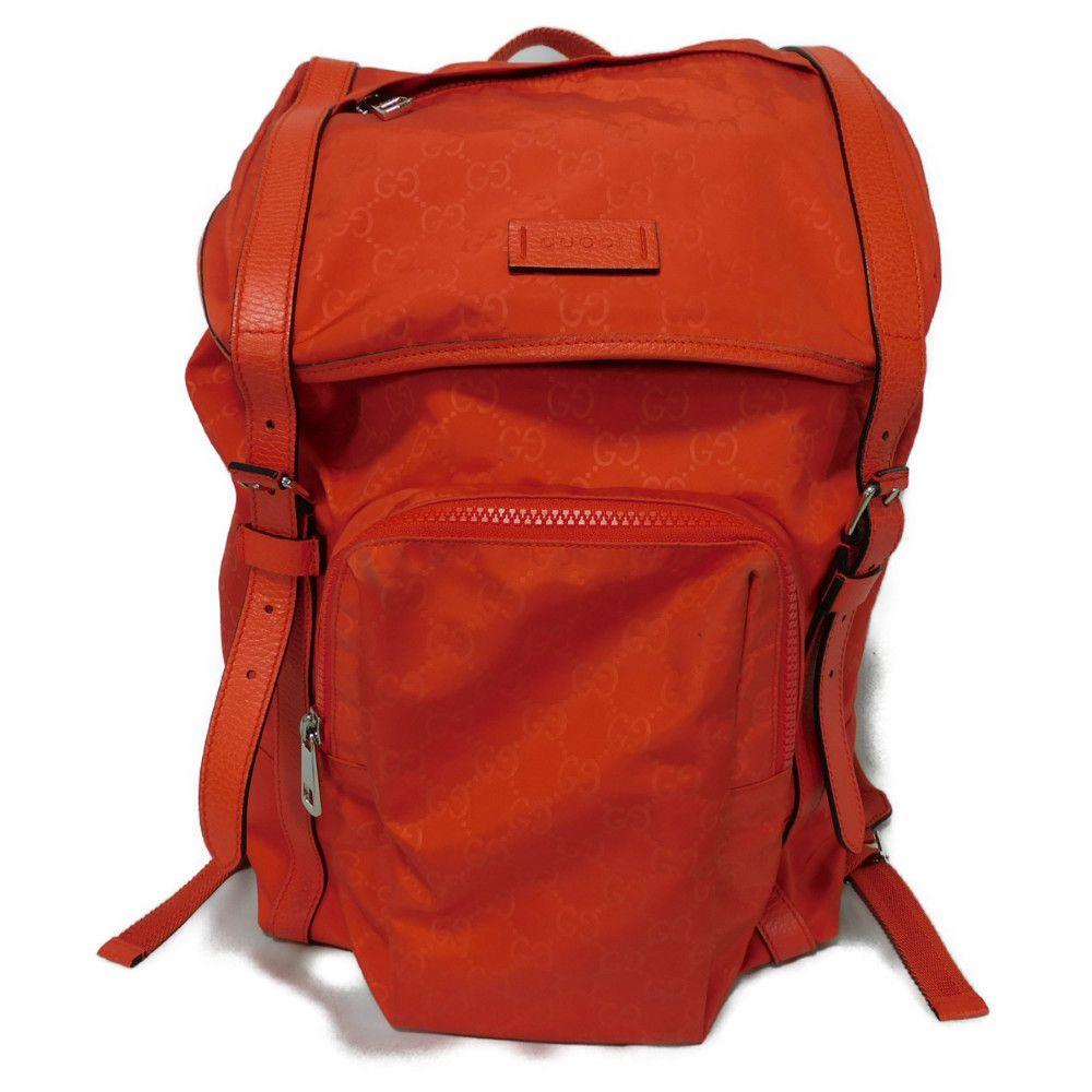 Used 9539 GG Nylon Daypack 387071 7927 Double G Calfskin Drawstring Logo Embossed Orange Red Men's from Japan AUTHENTIC