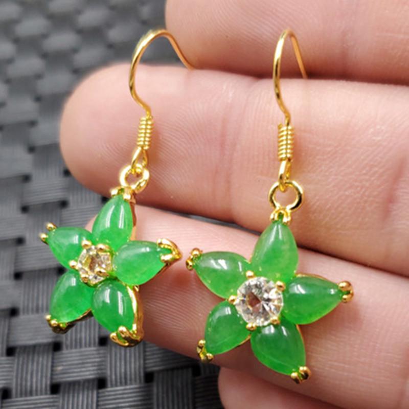 Emerald Green Quartzite Jade Flower Earrings - Five-Petal Design 2021-6-1901