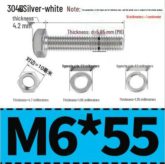 304 Stainless Steel Hex Head Bolt and Nut Set M6-M14, Lengths 8-100mm