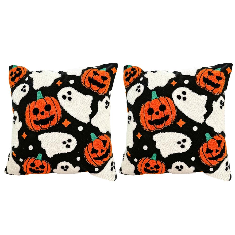 2PCS Embroidered Pillowcase 45x45cm Ghost Pumpkin Throw Cushion Covers Halloween Decor Throw Pillow Covers for Sofa Bed Couch