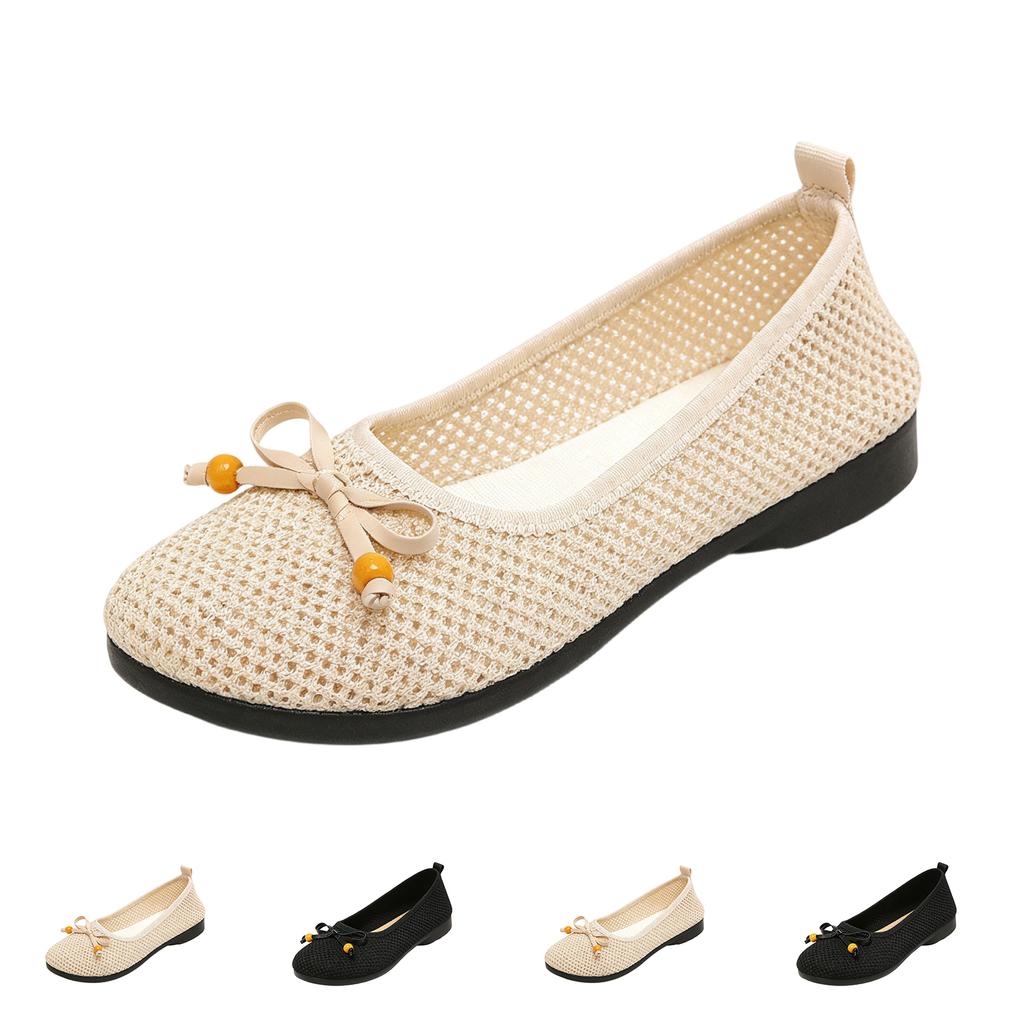 Womens Vintage Suede Bow Round Toe Low Cut Ballet Flats Slip On Casual Shoes with Soft Sole Lightweight Design