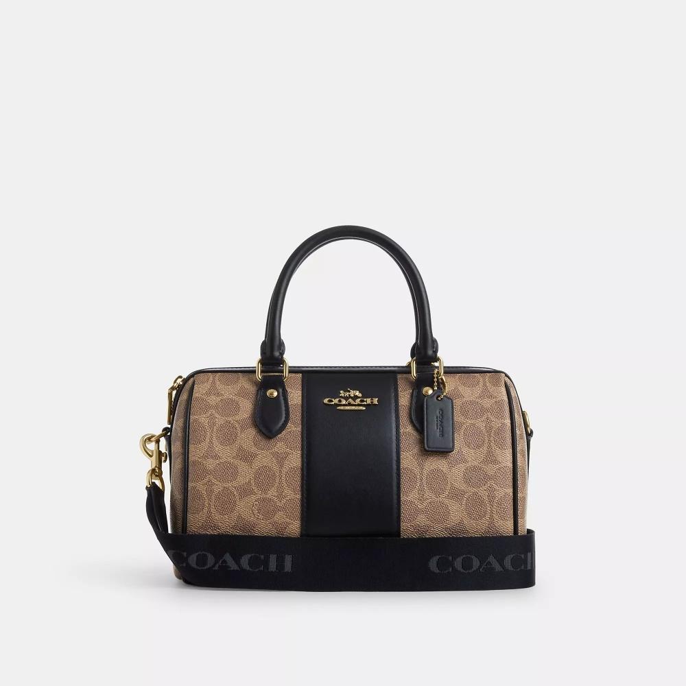 

Coach Rowan Satchel Bag In Signature Canvas Gold Tan Black One Size