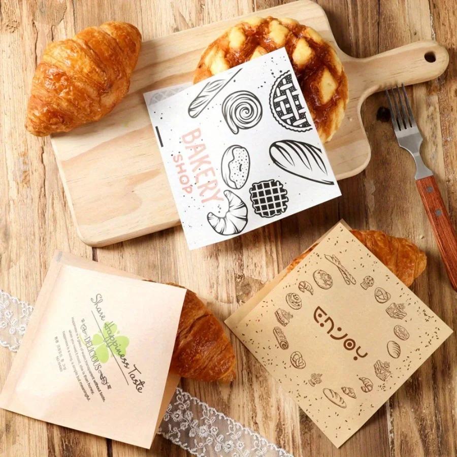 100Pcs Baking Paper Disposable Fried Food Oil Proof Kraft Paper Bag Triangle Hand Grasp Doughnut Small Bread Dessert Home Store Chocolate