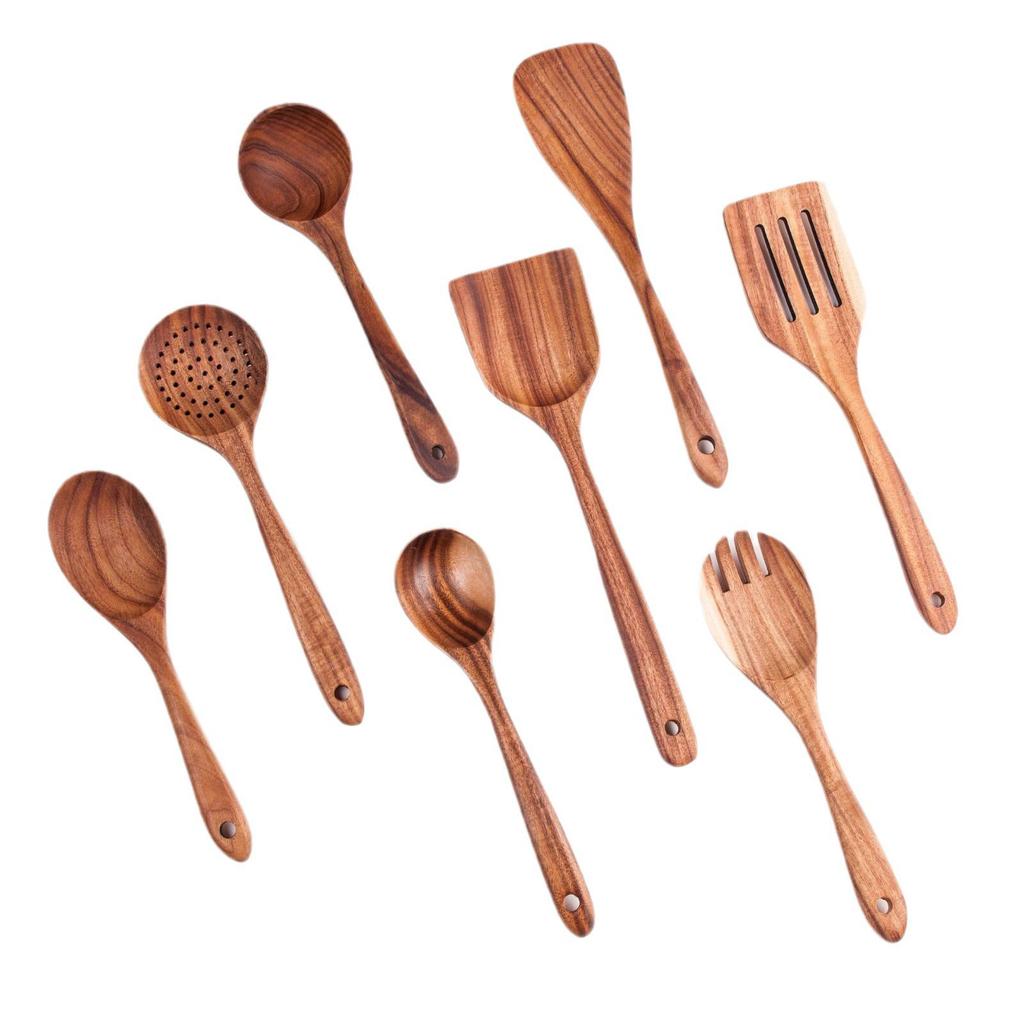 Teak Wood Kitchen Utensil Set: Includes Spatula, Soup Ladle, Stir-Fry Spoon, Slotted Spoon, and Fork for Non-Stick Pans