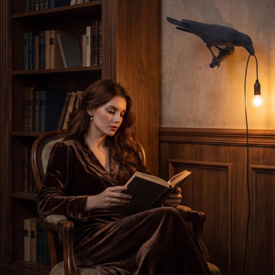 Tabletop Accent for Study Crow Table Lamp, Gothic Raven Night Light, Halloween Black Bird Artistic Wildlife Sculpture Lamp Dark Academia Desktop